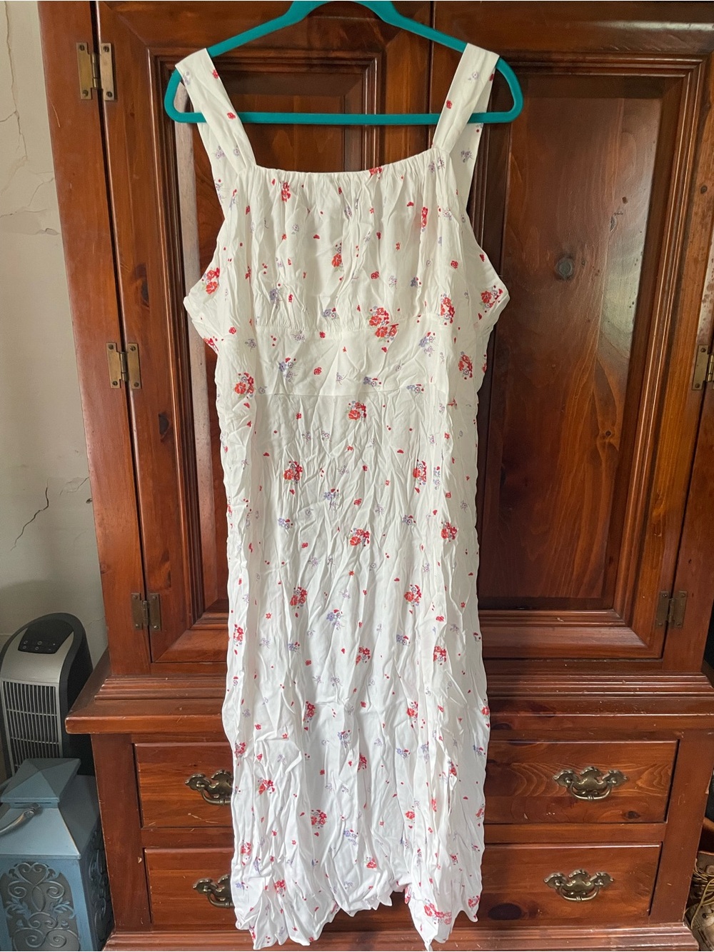 White Midi Dress with Red Floral Print